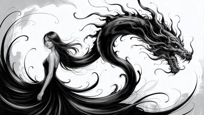 The primary subject of the image is a woman with long black hair, who is the main focus of the scene. She is standing in front of a black and white background, which adds a dramatic and artistic touch to the visual style. The woman appears to be the subject of a drawing or illustration, with her hair flowing in a dynamic manner. The overall atmosphere of the image is dark and mysterious, with the woman's long hair and the black and white background creating a striking contrast.